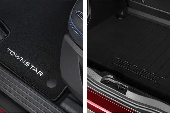 Zwei Bilder zeigen maßgeschneiderte schwarze Fußmatten für den Innenraum eines Nissan Townstar, links mit weißer Aufschrift und rechts mit geprägtem Logo.