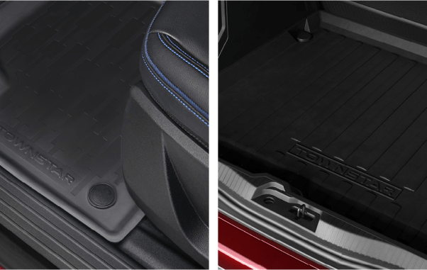 Zwei Bilder zeigen schwarze Gummi-Fußmatten für den Innenraum eines Nissan Townstar mit der Prägung "TOWNSTAR" für den Winter.